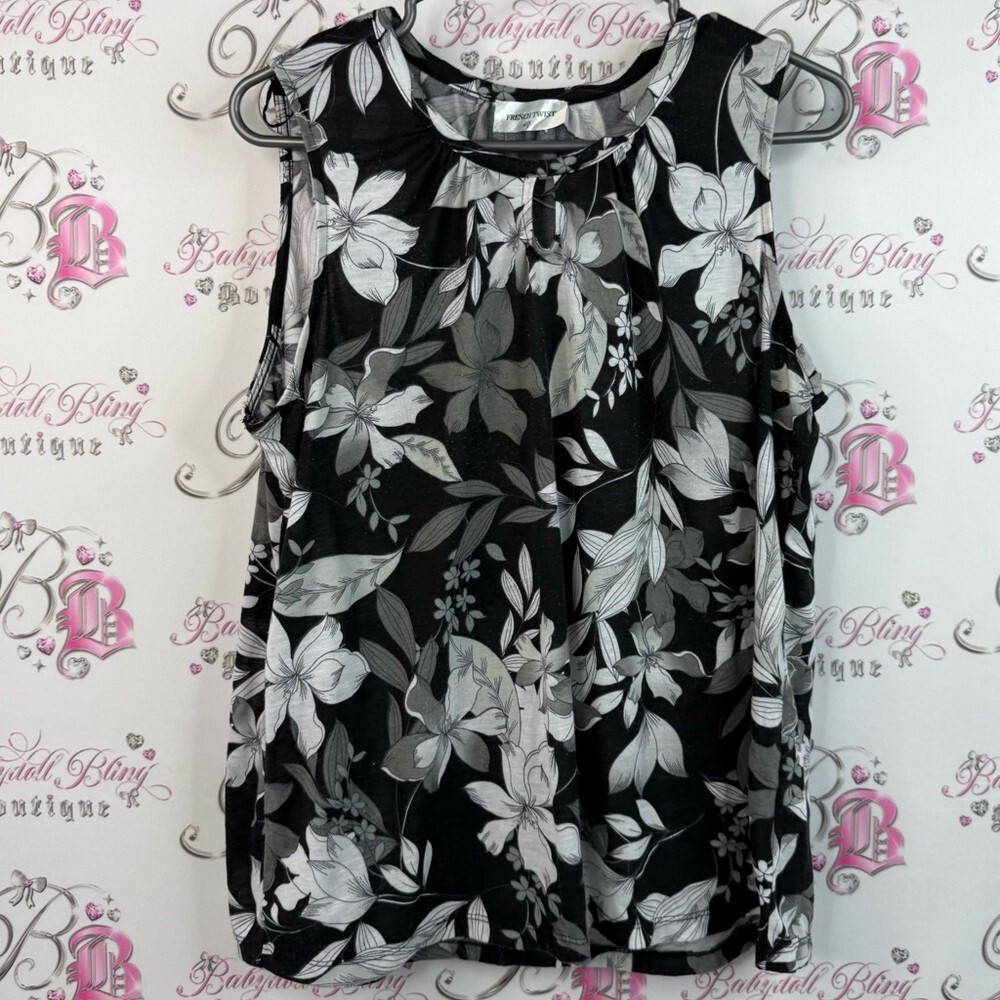 French twist tank top floral keyhole flowers Monochrome Floral Sleeveless Blouse
